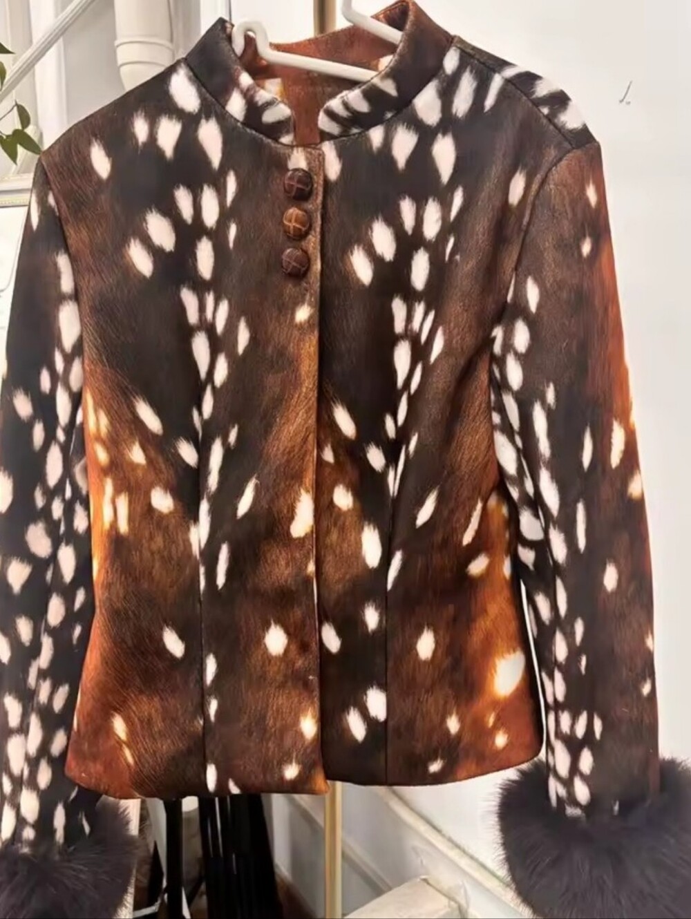 Vintage Women's Spotted Printed Jacket Stand Collar Full Sleeve Faux Fur Cuff - Picture 4 of 9